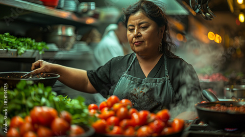 woman working as a chef in a busy kitchen. She is focused on her task, cooking with fresh ingredients including tomatoes and greens.  photo