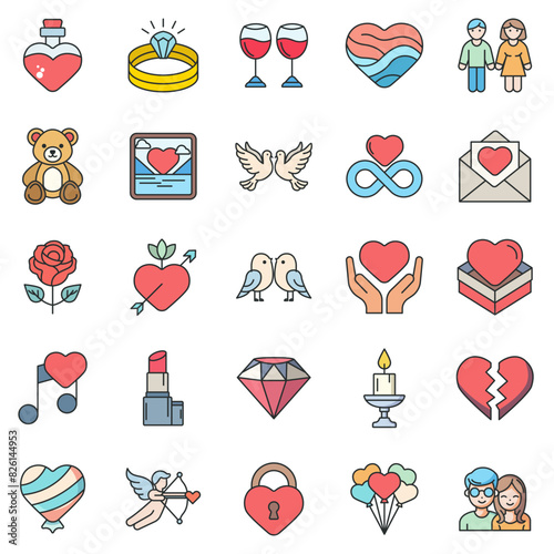 Love icons set, Included icons as Heart, Rose, Teddy Bear, Diamond and more symbols collection, logo isolated vector illustration