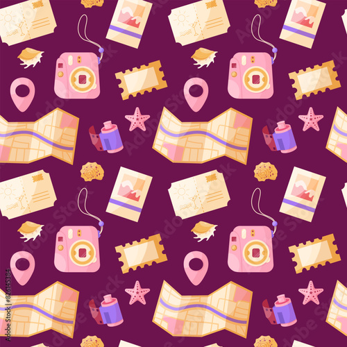 Travel destinations. Tourism and travel seamless pattern. Camera, map, photo, postcard, stamp, film