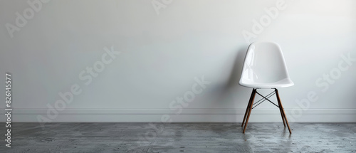 Minimalist home decor with blank wall and stylish chair photo