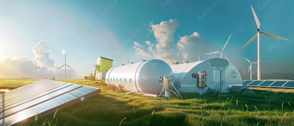 Highres realistic image of H2 white gas tanks clipped to solar panels ...