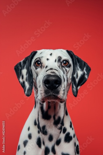 Majestic Dalmatian Dog with Attentive Expression, with Copy Space. Cute spotted dog against vibrant red background. Perfect for banners, veterinary ads, pet food promotions, and minimalist designs. © Darya