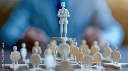 Businessman standing on a pedestal surrounded by a large group of smaller businessmen.
