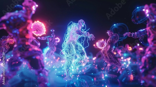 A surreal scene of neon light humanoid figures