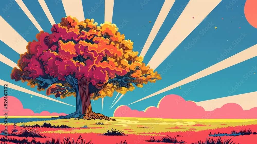 A serene field hosts a solitary tree, captured in a stunning painting