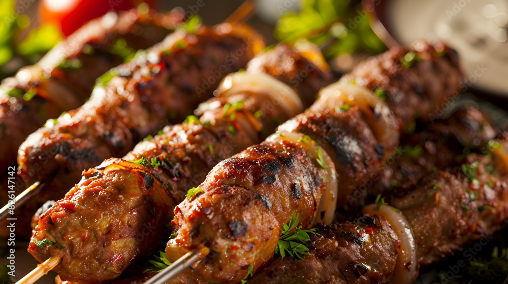 shish kebab on the grill, Delicious Barbecue Meat Kebabs on Skewers