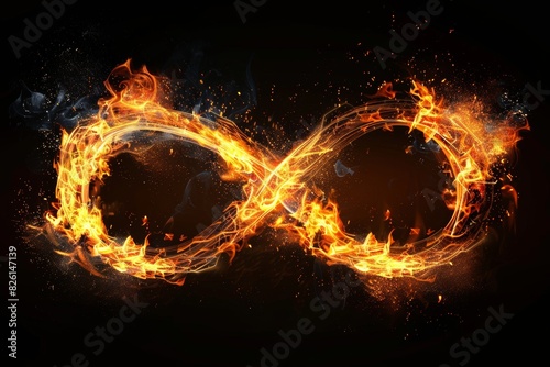 Burning infinity symbol. Eternity sign on fire. Isolated on black background.