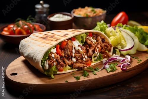 Doner kebab on a wooden board. Shawarma with meat and vegetables.