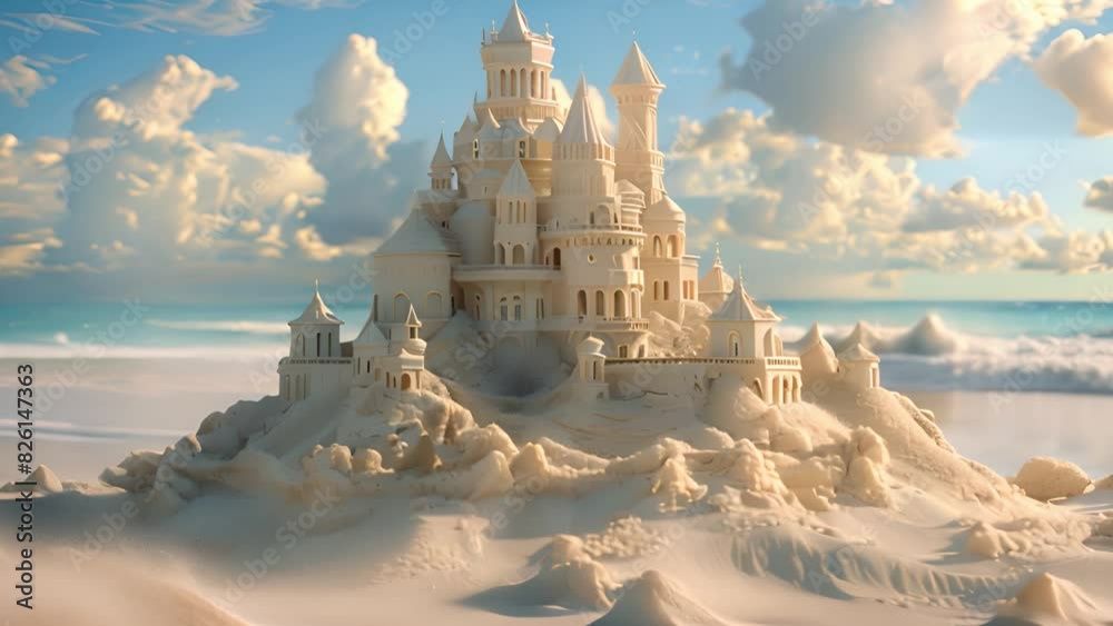 This castle made of sand standing on a beach with waves crashing in the background.