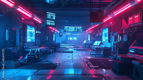 underground cyberpunk style factory with towering robotic assembly lines photo