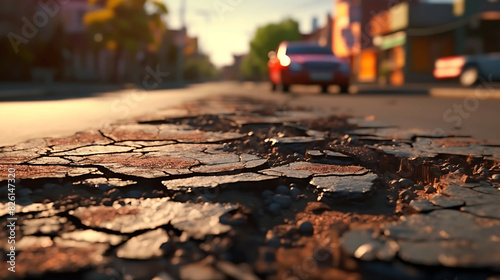 Very bad quality street with potholes. Damaged asphalt pavement road with potholes in city. AI