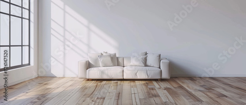 White empty wall in a modern living room with wooden flooring photo