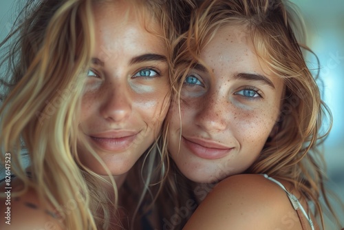 Intimate portrait of two joyful young women with freckles and blue eyes, sharing a close moment