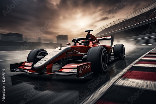 3D rendering of a formula 1 race car on track at sunset