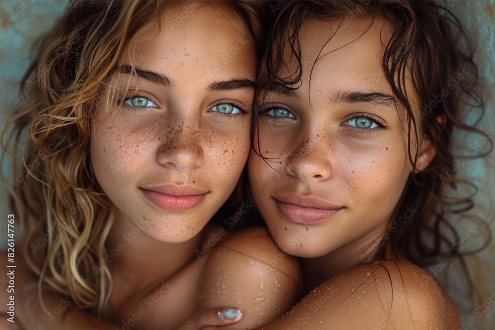 Twin sisters with damp hair and striking blue eyes pose closely together, their wet skin glistening Twin sisters with damp hair and striking blue eyes pose closely together, their wet skin glistening