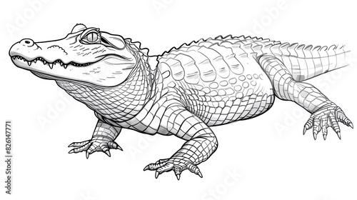 Detailed line drawing of an alligator. The alligator is standing on the ground and looking to the left. The alligator's mouth is closed on white background