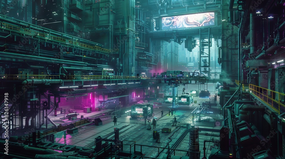 underground cyberpunk style factory with towering robotic assembly lines underground cyberpunk style factory with towering robotic assembly lines