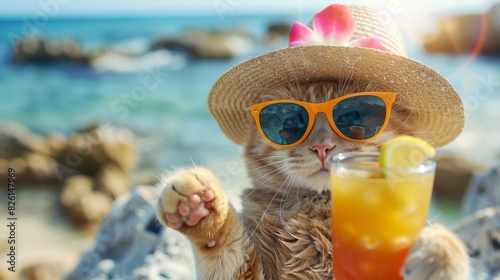 Funny, chilled cat in sunglasses and a straw hat relaxing on the beach with a cocktail in his hand.	
