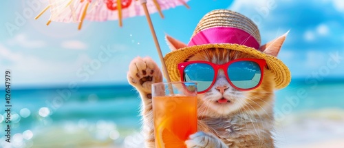 Funny, chilled cat in sunglasses and a straw hat relaxing on the beach with a cocktail in his hand.	
