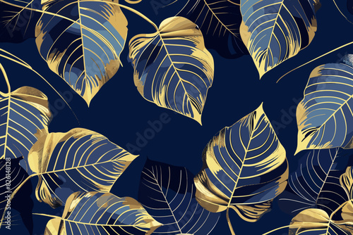 Vector golden leaves for interior design, textile, texture, poster, package, wrappers, gifts, wallpapers on a blue background