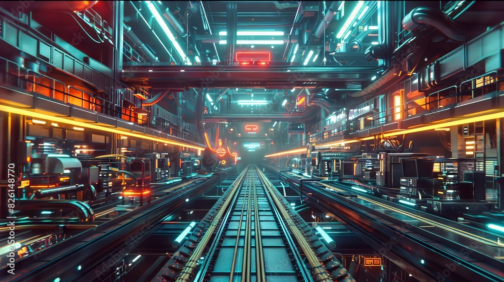 underground cyberpunk style factory with towering robotic assembly lines underground cyberpunk style factory with towering robotic assembly lines