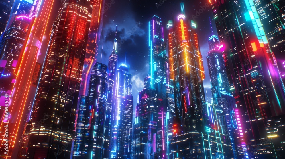 A vibrant cityscape with towering skyscrapers made of neon light tubes and glowing circuits A vibrant cityscape with towering skyscrapers made of neon light tubes and glowing circuits