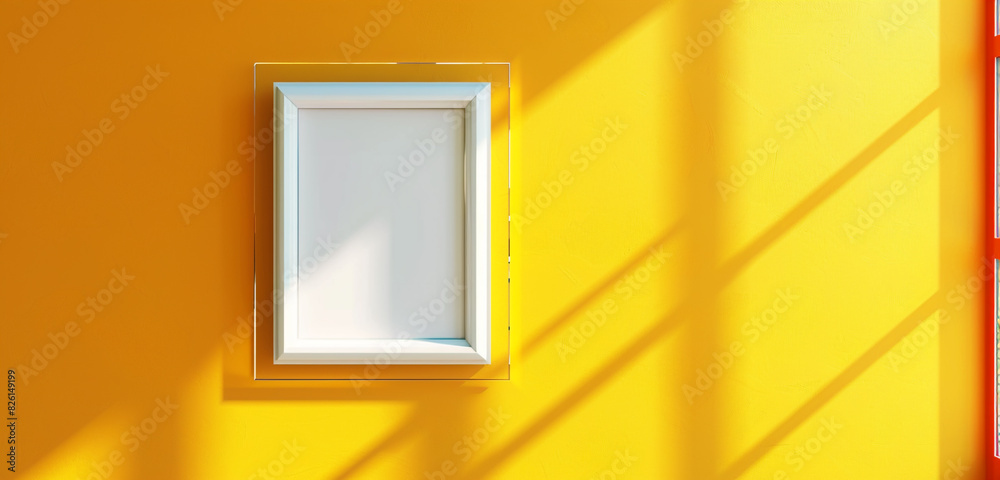 Empty acrylic frame mockup on a bright yellow wall, isolated on transparent background, realistic 3D vector Empty acrylic frame mockup on a bright yellow wall, isolated on transparent background, realistic 3D vector