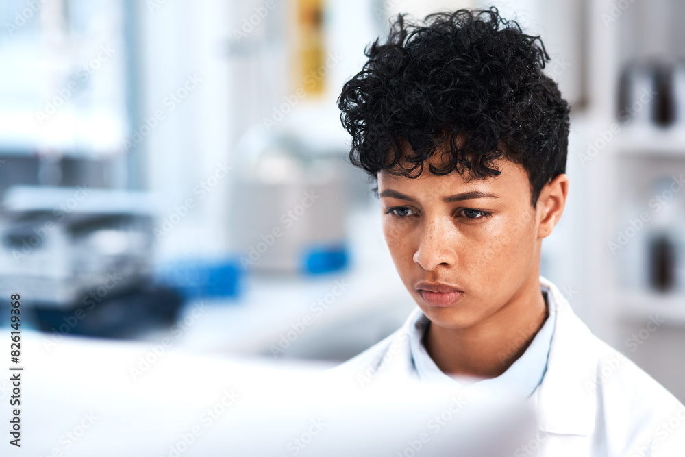 Female scientist, thinking and computer in lab for research, clinical trial or biotechnology or chemistry. Woman, chemist or studying in center for problem solving, medicine or science for healthcare Female scientist, thinking and computer in lab for research, clinical trial or biotechnology or chemistry. Woman, chemist or studying in center for problem solving, medicine or science for healthcare