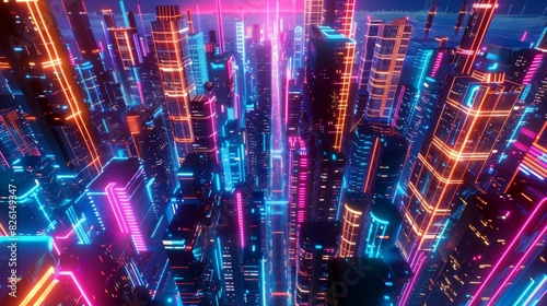A vibrant cityscape with towering skyscrapers made of neon light tubes and glowing circuits © fledermausstudio