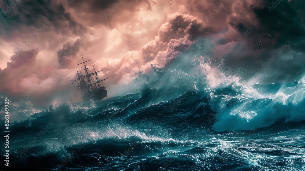 Fototapeta premium Dramatic scene of an ancient sailing ship battling turbulent ocean waves under a stormy sky, showcasing the ferocity of nature and maritime adventure.