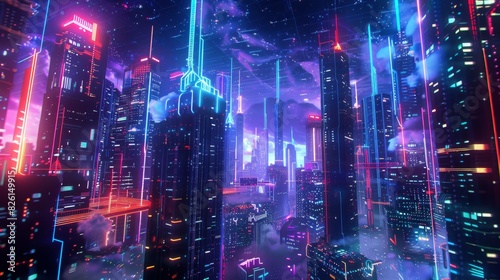 A vibrant cityscape with towering skyscrapers made of neon light tubes and glowing circuits