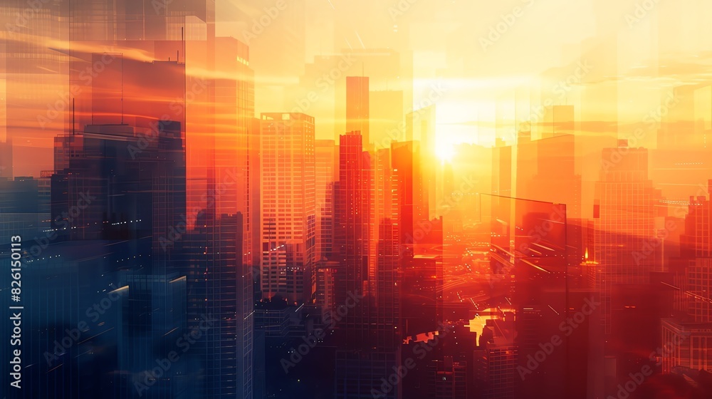 Obraz premium Modern city skyline at sunset with abstract blurred lights, creating a vibrant, dynamic atmosphere and futuristic urban environment.