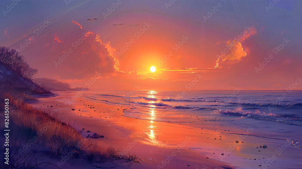 Fototapeta premium Tranquil Sunset: Serene Coastal Scene in Digital Landscape Painting