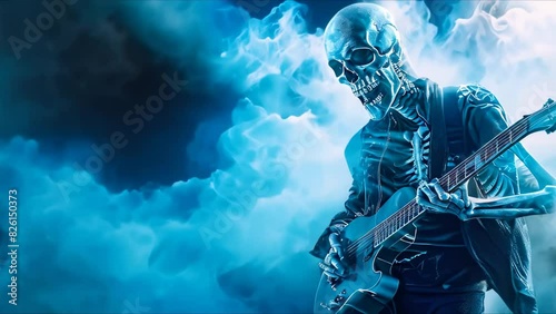 Skeleton rockstar with electric guitar in death metal music ghost artwork. Concept Halloween, Rock Music, Skeleton, Electric Guitar, Death Metal Artwork photo