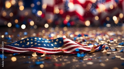 Urban Abstract American Blurred Confetti with Glitter Flag Background July 4th, Labor Day, Veterans Day, Defocused America