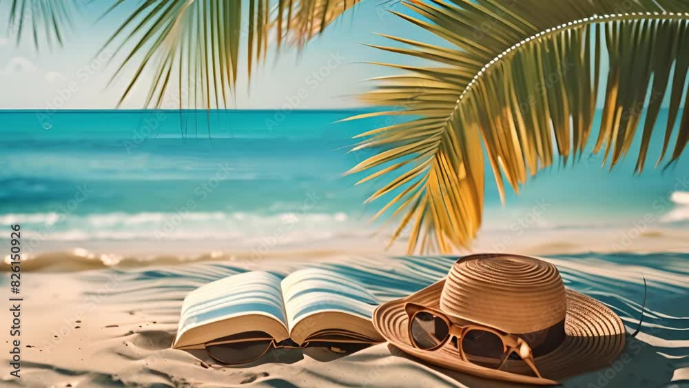 This hat, sunglasses, and a book placed on sandy beach. Hat, Sunglasses, Book on Beach This hat, sunglasses, and a book placed on sandy beach. Hat, Sunglasses, Book on Beach