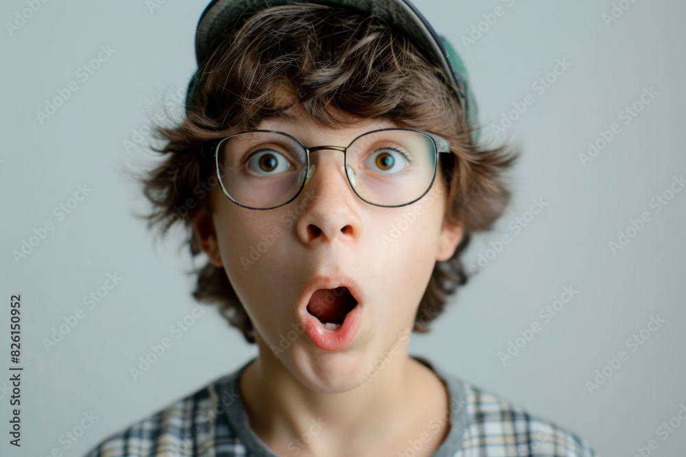 Boy looking at camera with funny, amazed expression, surprised by something Boy looking at camera with funny, amazed expression, surprised by something