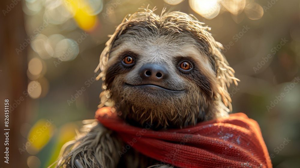 Fototapeta premium A cute sloth wearing a tiny superhero cape, looking ready to save the day.