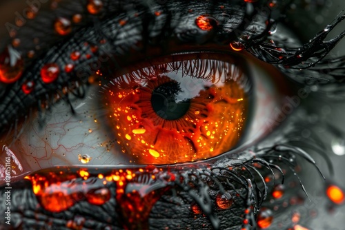 Red cyber eye with fiery reflections, vibrant and detailed, sci fi and technology concept, futuristic and dynamic
