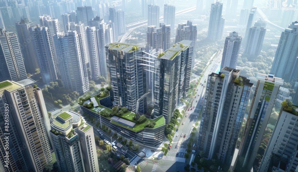 Obraz premium Modern Building with Solar Panels in Urban Area