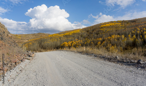 Gray gravel road in the middle of mountains  bushes and trees painted in autumn colors