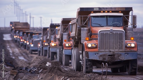 The strong and sy frames of a line of dump trucks provide a trusty means of transporting debris offsite. photo