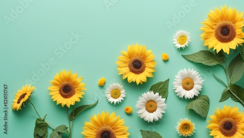 bouquet of sunflowers, flower frame on mint green background, Greeting floral card template with copy space, Summer Background, Birthday, Valentine’s Day, Flat lay, top view, space for text  © Chroma Couture