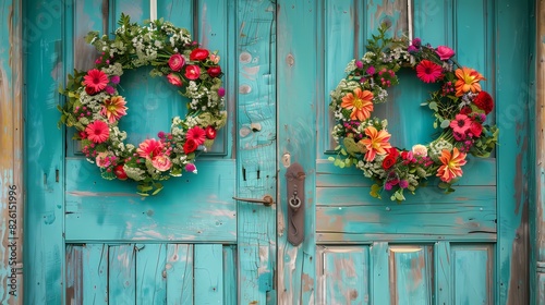 Rustic teal-colored doors adorned with vibrant floral wreaths, welcoming with charm. photo
