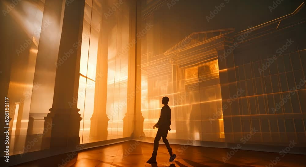A man walks against the background of fabric canvases on which there is a projection of architecture