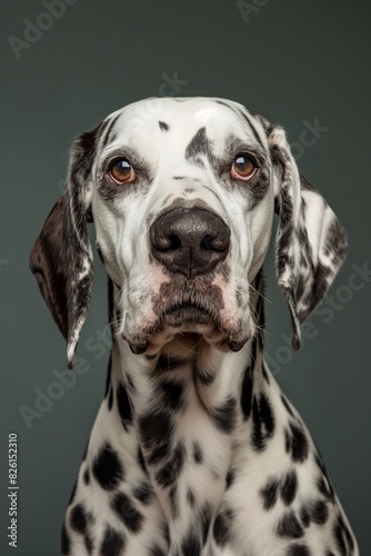 Dalmatian Dog with Serious Expression - Gray Background
