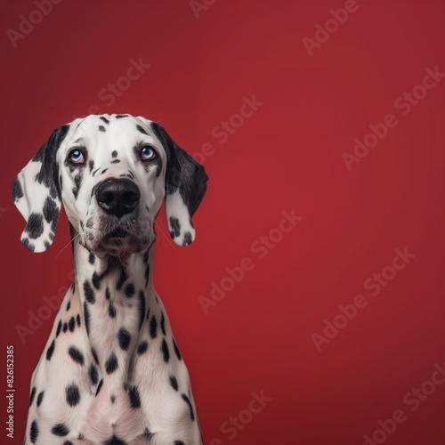 Dalmatian Dog with Thoughtful Expression - Deep Red Background