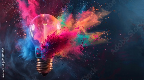 A light bulb is surrounded by colorful powder