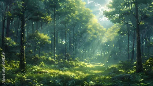 A serene forest with tall  majestic trees forming a dense canopy  allowing only streaks of sunlight to filter through the lush green foliage