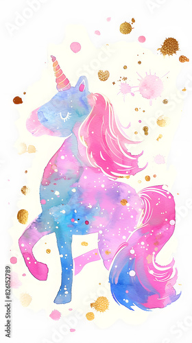 Cute fairy unicorn watercolor drawing isolated on white background
